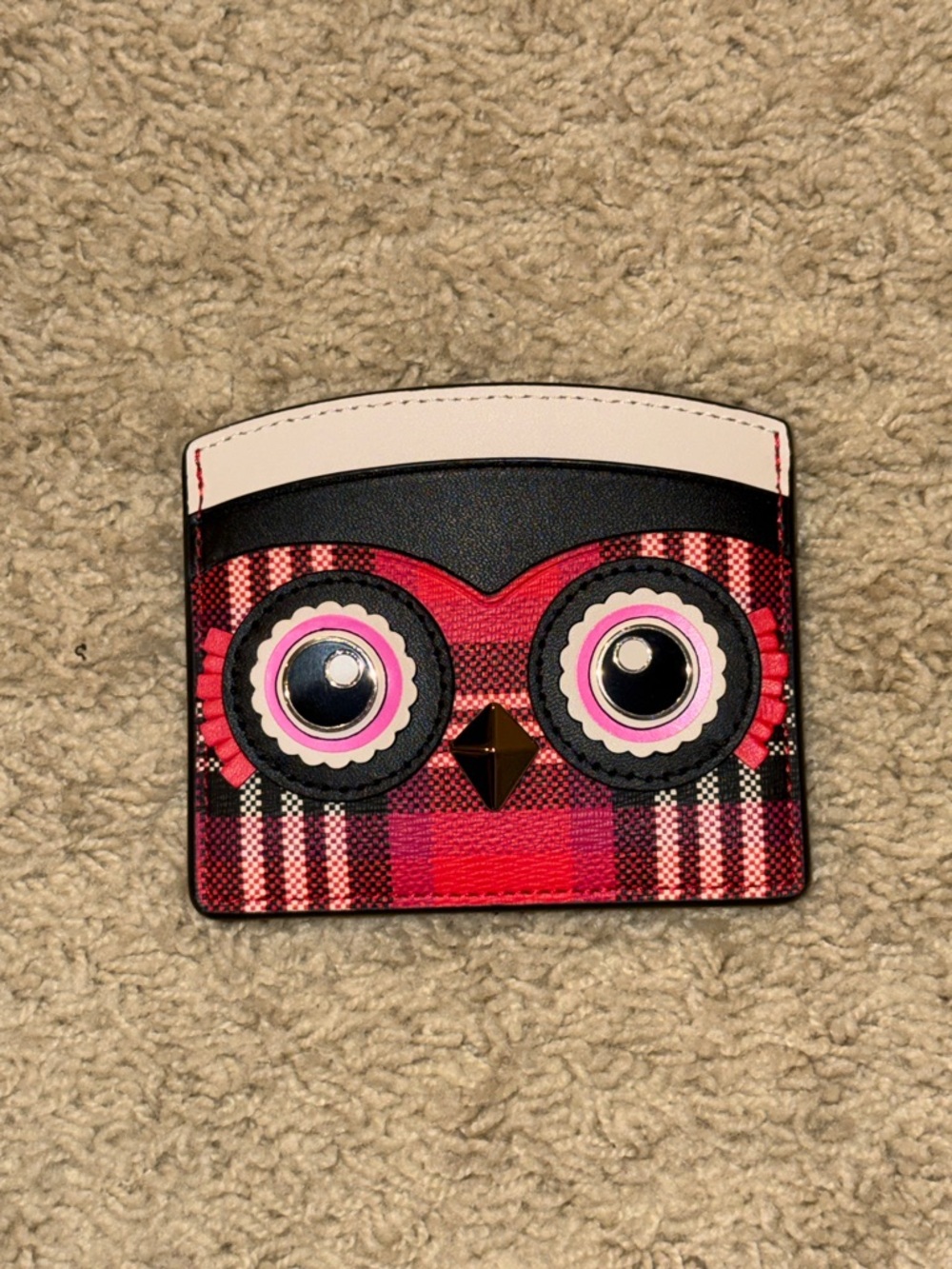 kate spade Plaid Owl Card Holder - Pink, Black, Red